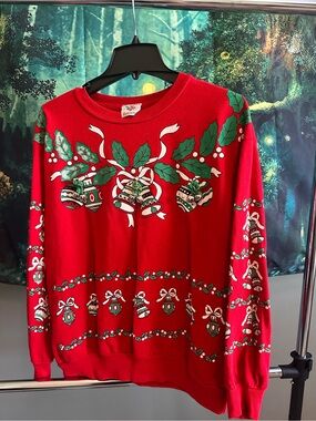Vintage Red Christmas Sweater with Holly & Bells